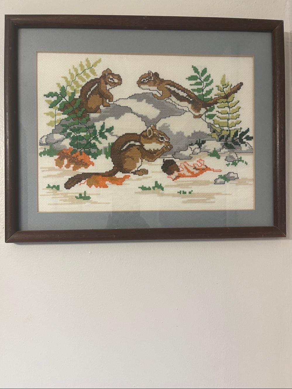 Vintage Framed Cross-Stitch Chipmunk Scene in Neutral Frame